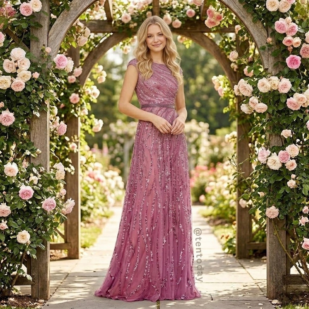 Mac Duggal 5445 Size 14 Pink Beaded‎ Sequined Embellished Long Maxi Gown Dress